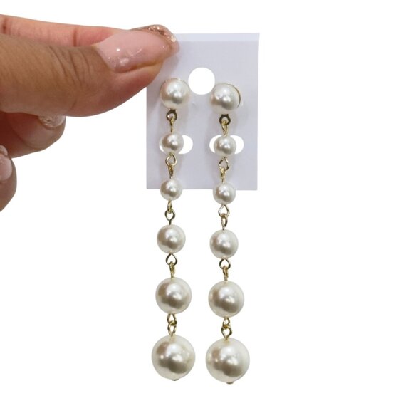 NEW Gold Filled Elegant Cascading Faux Pearl Drop Earrings - Picture 8 of 10